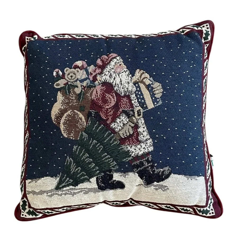 Riverdale Tapestry Throw Pillow 15 x 15 Santa Christmas Tree Cottage Vintage